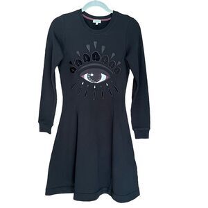 Kenzo Paris Eye Logo Embroidered Fit & Flare Dress Long Sleeve Black -Sz XS